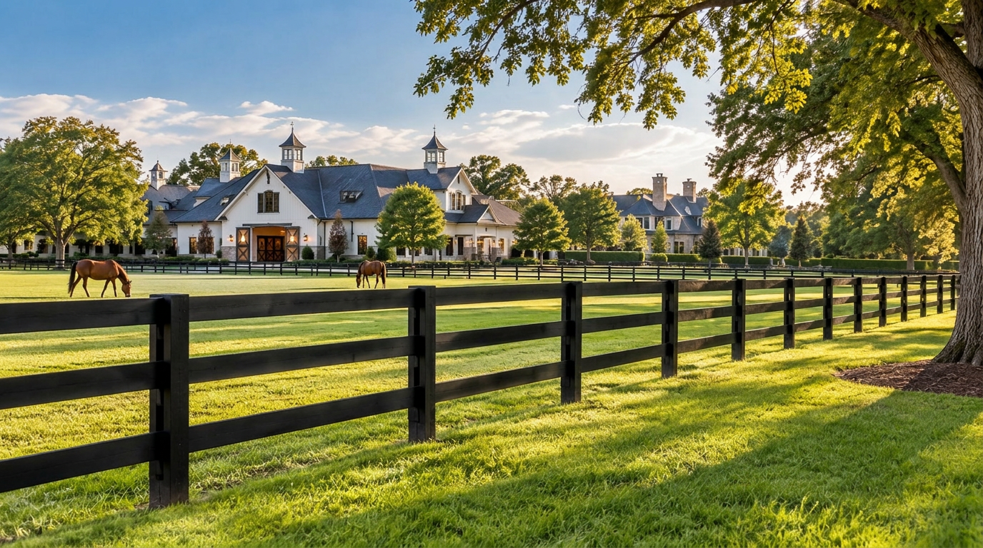 Black estate rail fencing framing grazing horses at a country estate