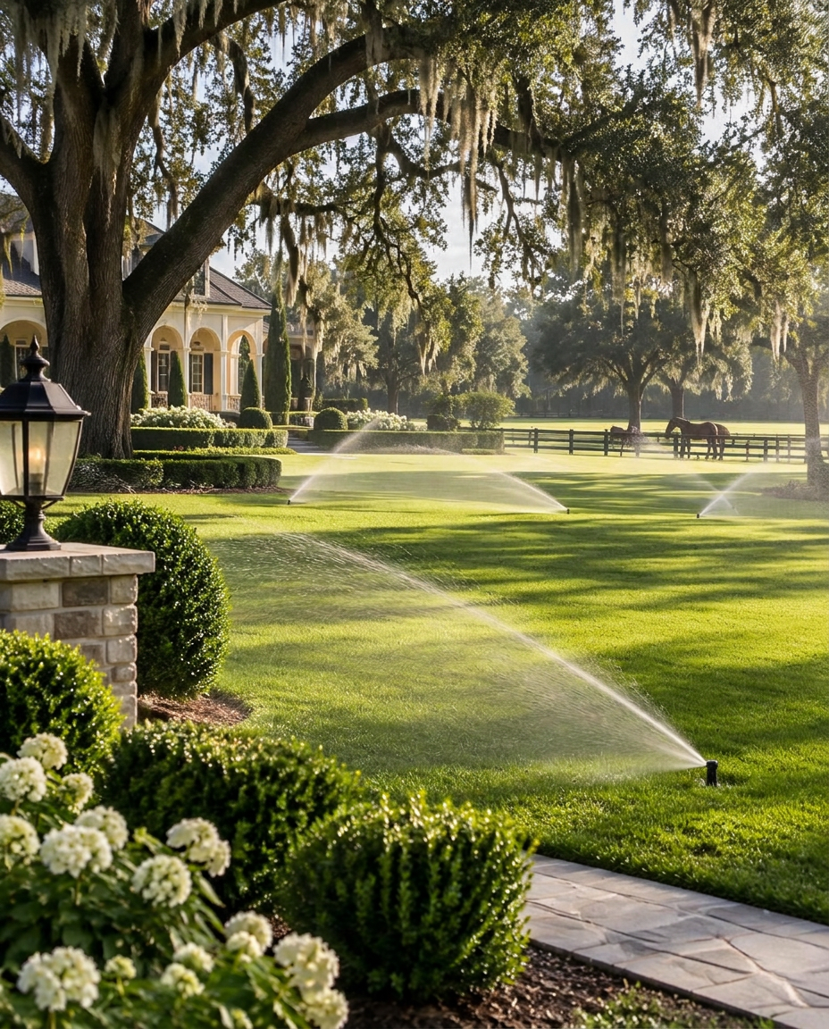 Irrigation system watering broad estate grounds beneath mature oaks