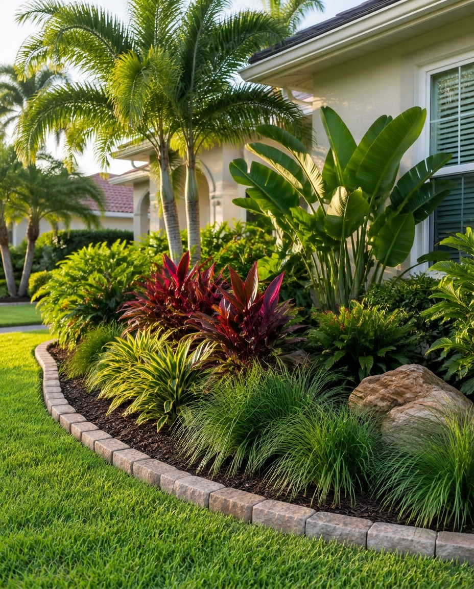 Layered tropical landscaping at a refined Florida residence